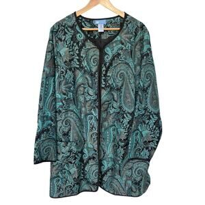 Koret Vintage Teal and Black Paisley Open Front Tapestry(?) Long Jacket size 3X
